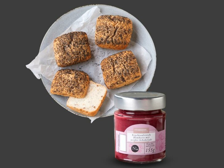 Kombi Mohnbrötchen & Fruchtaufstrich Himbeere mit weißer Schokolade