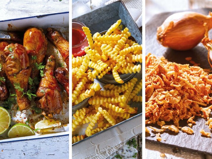 Kombi Drumsticks in BBQ-Marinade & Zick-Zack-Pommes & Röstzwiebeln