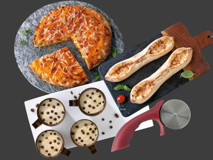 Kombi Pizzaschiffchen Tomate Mozarella & Focaccia Salami Cheddar & Mokka-Eisbecher & Pizzaroller
