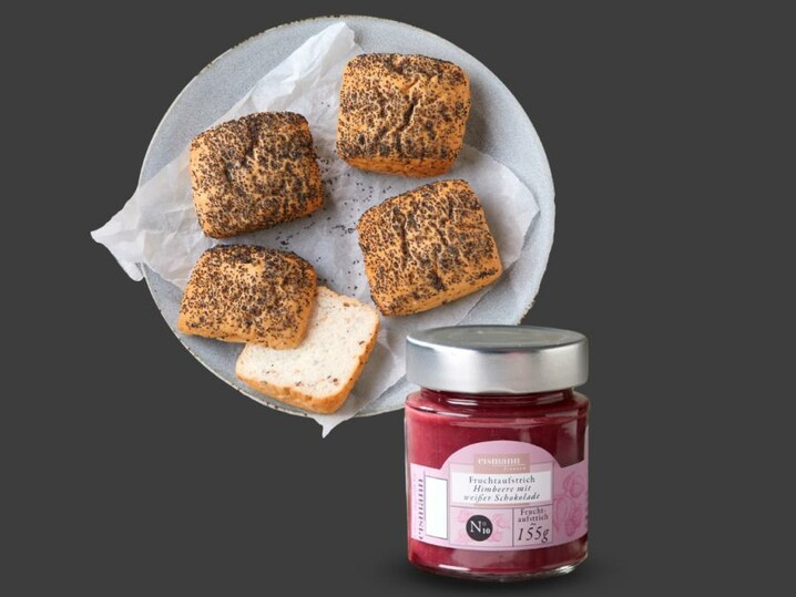 Kombi Mohnbrötchen & Fruchtaufstrich Himbeere mit weißer Schokolade