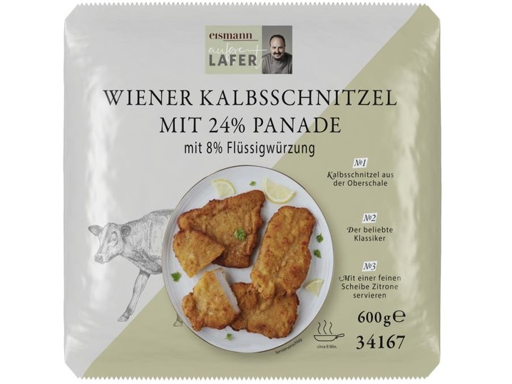 Wiener Kalbsschnitzel nach österreichischer Rezeptur mit 24% Panade, mit 8 % Flüssigwürzung