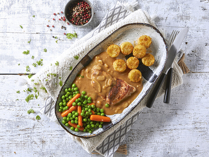 Zwiebel-Sahne-Hähnchen mit Kartoffelrösti