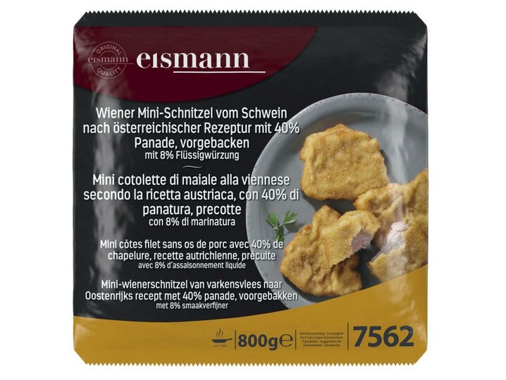 Wiener Mini-Schnitzel vom Schwein, nach österreichischer Rezeptur mit 40 % Panade,  vorgebacken mit 8% Flüssigwürzung